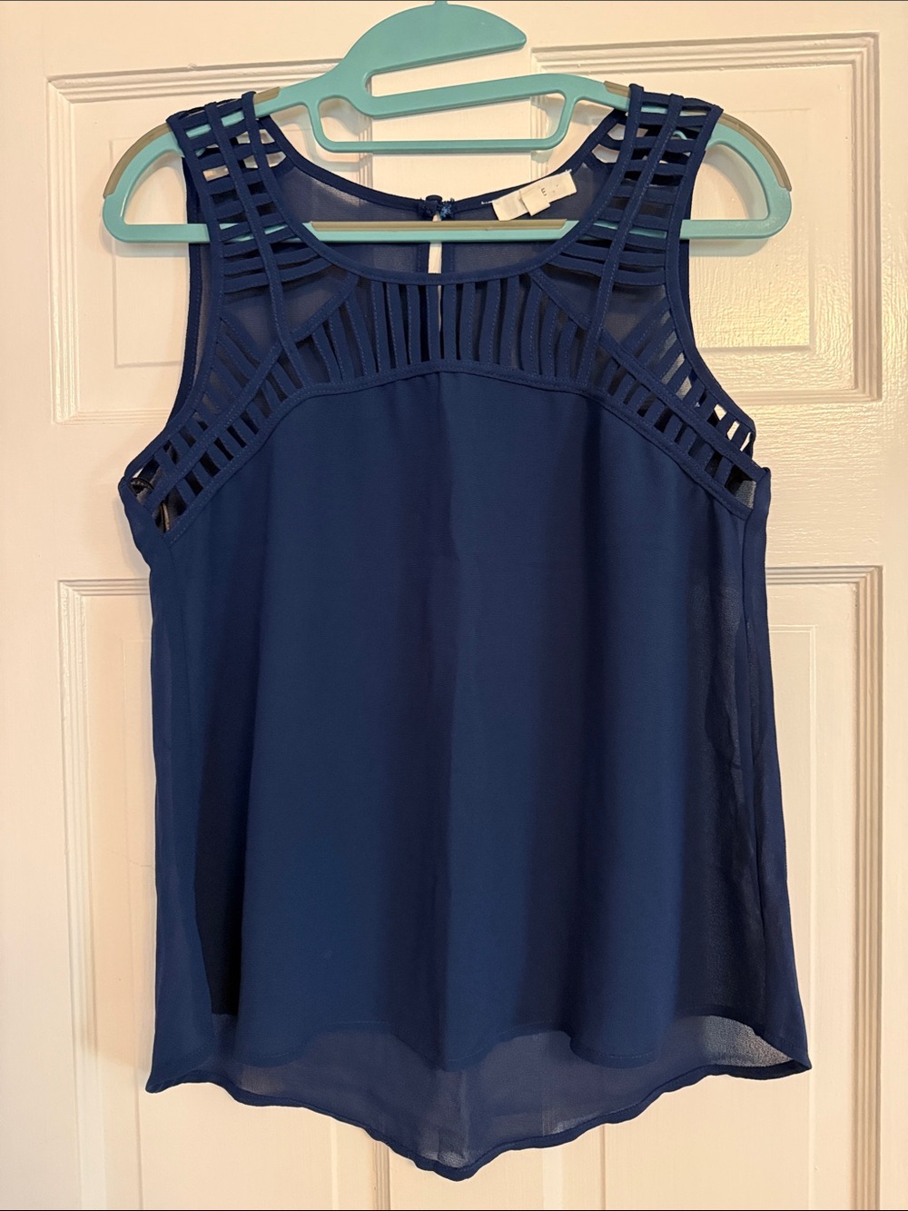 Womens Navy Blue Sleeveless Sheer Cage Yoke Top
